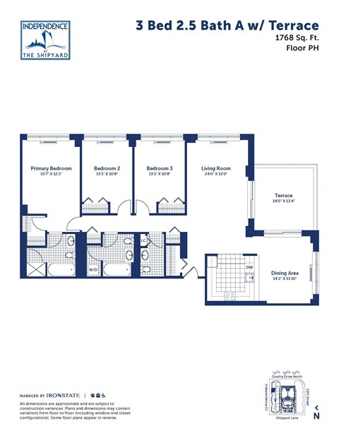 Floor plan for 3 beds, 2.5 baths, 1768 sqft